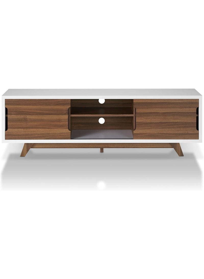ioHOMES Powelston Mid-Century 63-inch TV Stand, White and Light Walnut Brown - Image 1